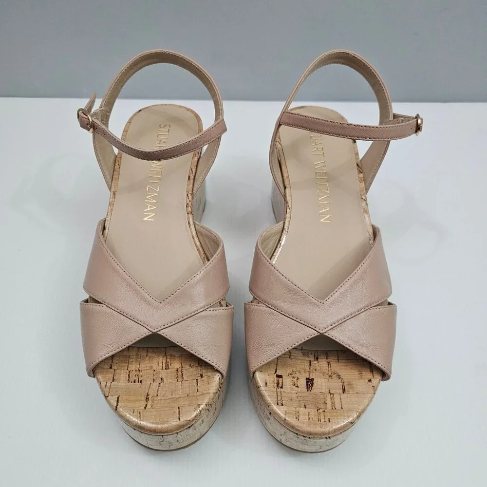 Stuart Weitzman Carmen Midi Wedge Sandal Womens 9.5 Beige Tan Platform Cork